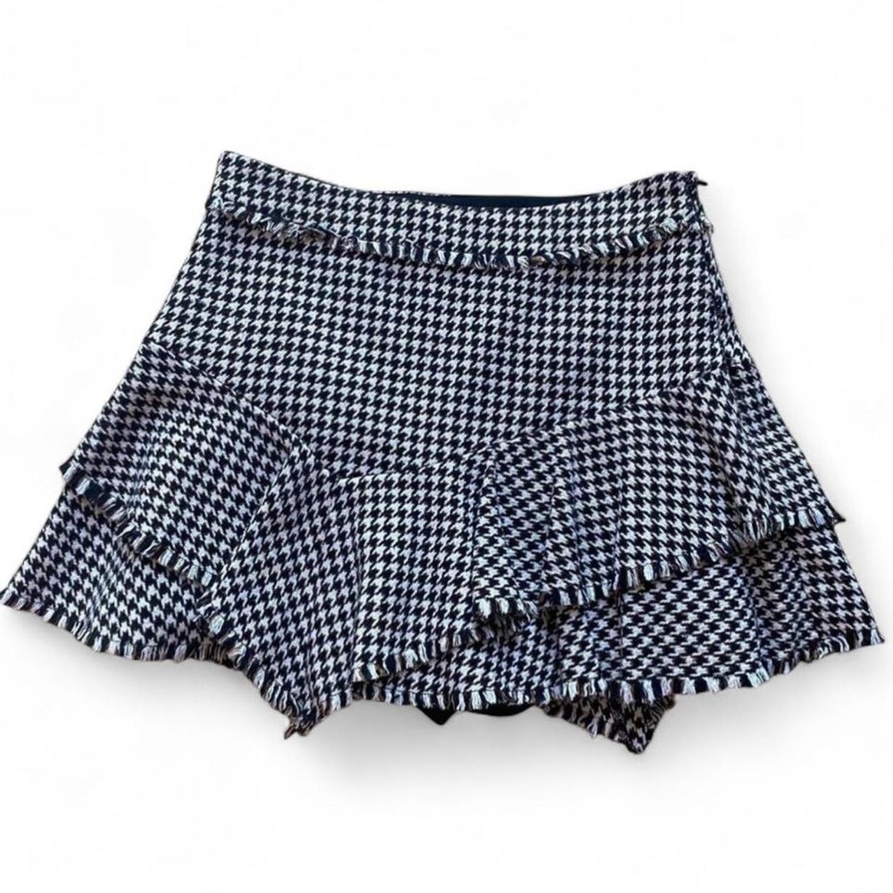 EGOIST brown & black houndstooth asymmetrical kpop skort with frayed hem